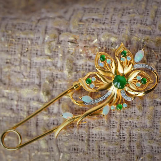 龢盒原创 9k翡翠钻石凤尾花别针 商品图3