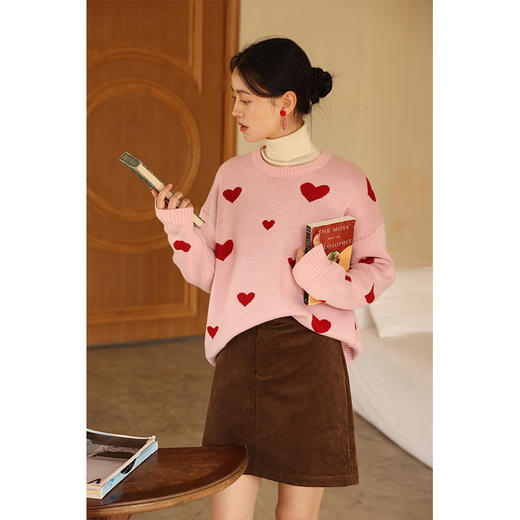 HeyDress原创爱心毛衣女冬季法式宽松慵懒感羊毛针织衫圆领上衣 商品图1