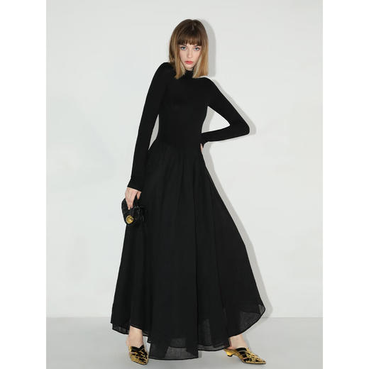 【限时特惠】COCOBELLA赫本风礼服半高领连衣裙小黑裙褶皱肌理大摆长裙FR0008 商品图4