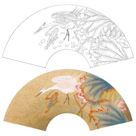 【大彩图】张建军工笔画白描底稿扇面小品《荷花白鹭》临摹勾线花鸟线稿A341 商品图0