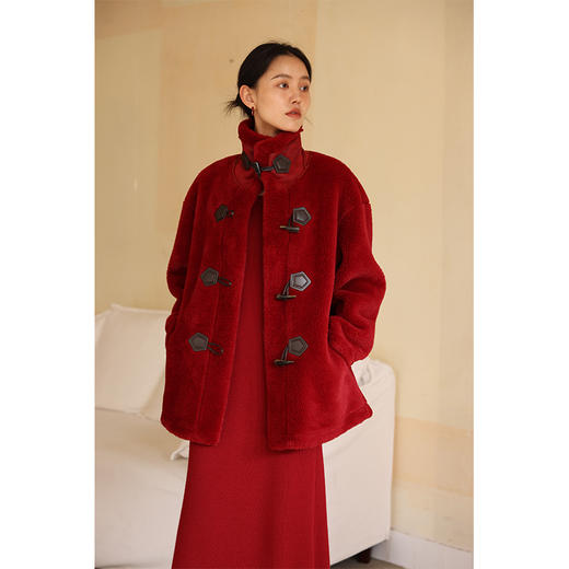 HeyDress红色环保皮毛一体外套女冬季复古宽松保暖仿羊羔毛大衣 商品图2