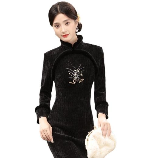 JN-397冬季 加毛加厚圆襟长款刺绣旗袍长袖黑色日常旗袍新款女旗袍 商品图3