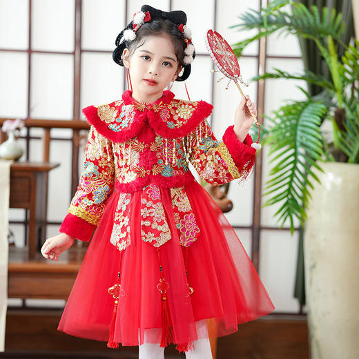 ST-HP366R儿童汉服新款女童喜庆拜年服加厚洋气中国风唐装女宝宝冬季连衣裙 商品图1