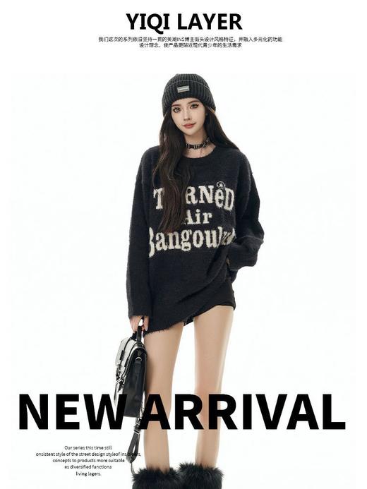 【服饰专场】秋季韩版字母毛衣休闲宽松套头中长款提花男女上衣显瘦针织衫 商品图2