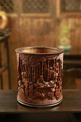 竹林七贤（可定制）°竹雕笔筒