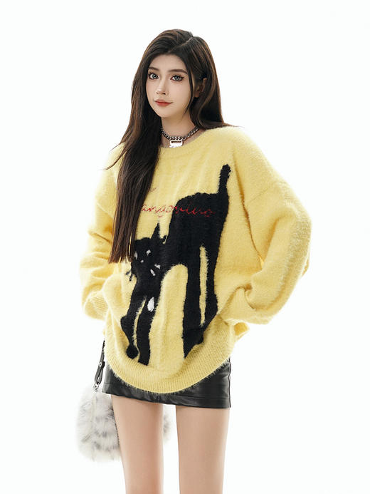 【服饰专场】韩版同款冬季猫咪毛衣休闲宽松套头中长款百搭男女上衣圆领针织衫 商品图3