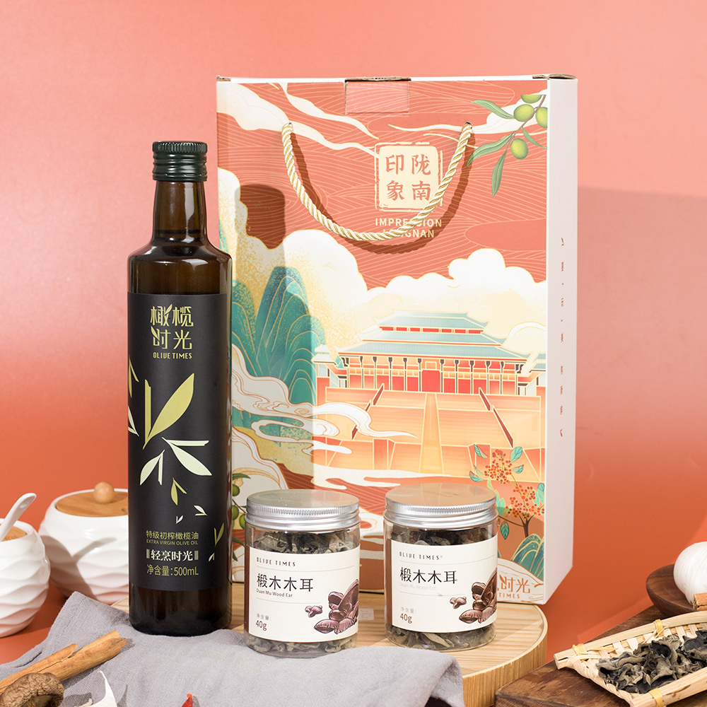 【不饱和脂肪酸】橄榄时光陇南印象橄榄油礼盒500ml+80g椴木木耳