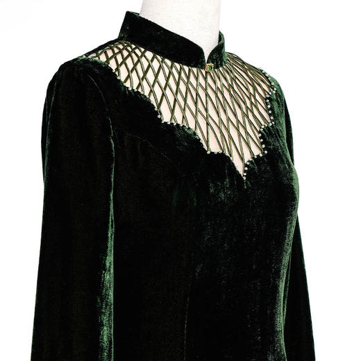 荷言HEYEN泗水深绿色编织真丝丝绒改良旗袍群高级定制时装周 商品图3