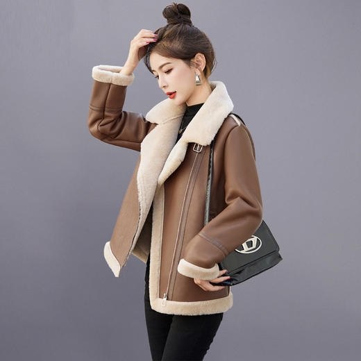皮毛一体外套加绒加厚皮衣，美拉德羊羔毛机车服夹克HR3363 商品图0