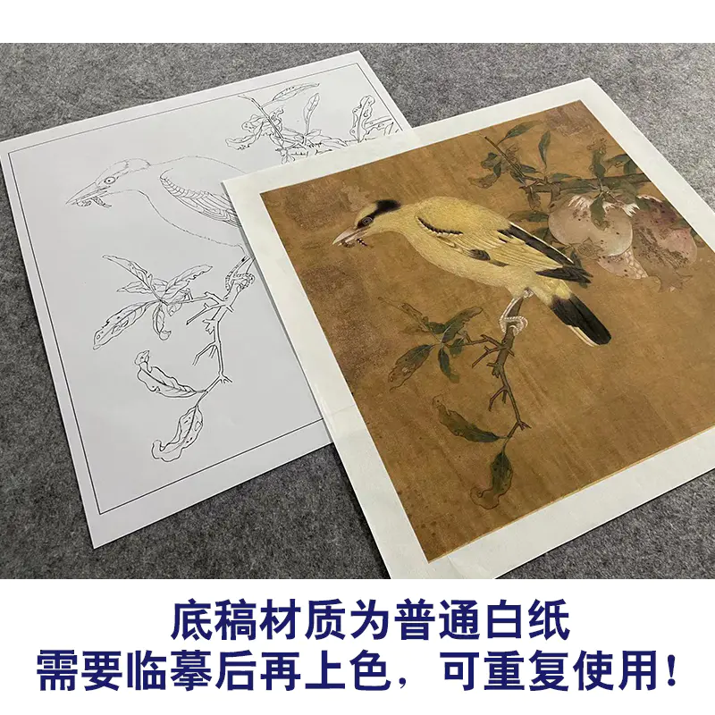 【大彩图】毛益工笔画白描底稿宋画小品《榴枝黄鸟图》临摹勾线花鸟