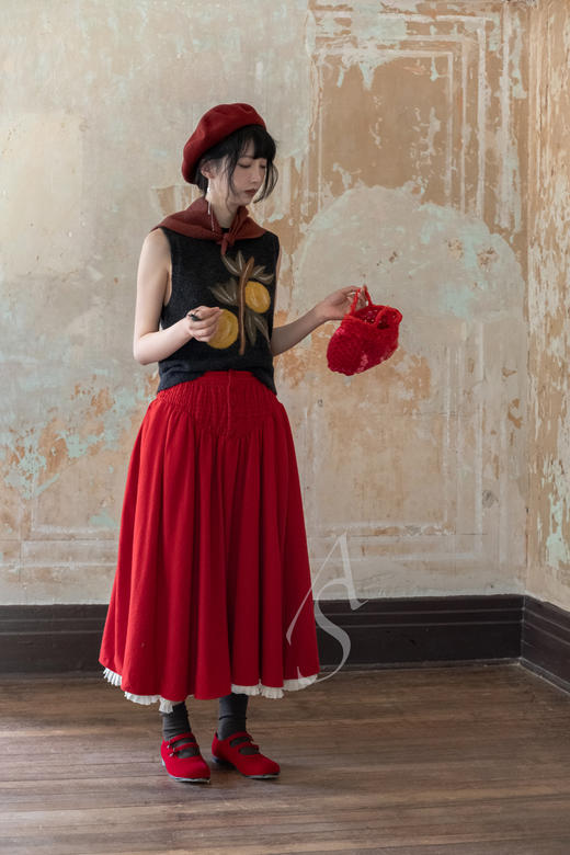 Renlisu 珊瑚红波浪碎褶A型半裙 商品图0