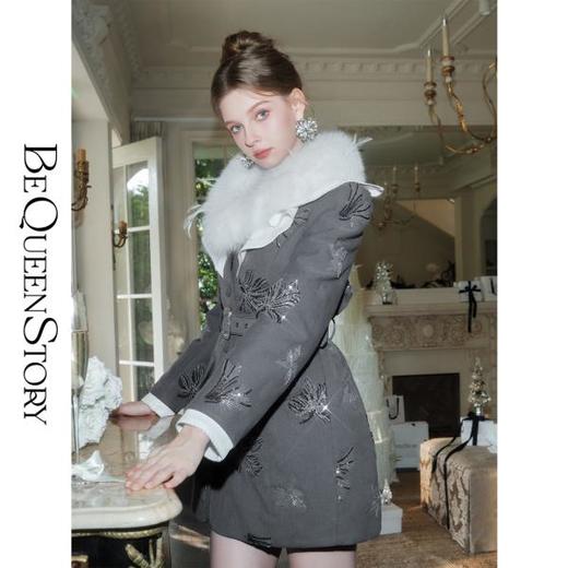 【孤品样衣，不退不换】【冷艳千金】原创设计进口珠片刺绣鹅绒狐狸毛领羽绒服 商品图4