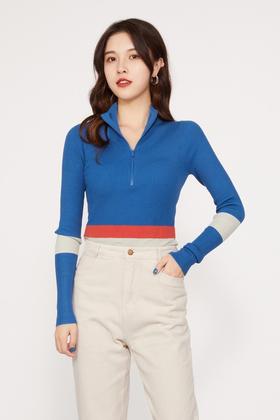 JOKIBYJOKI 蓝色Polo领拼色机车风打底衫 9519