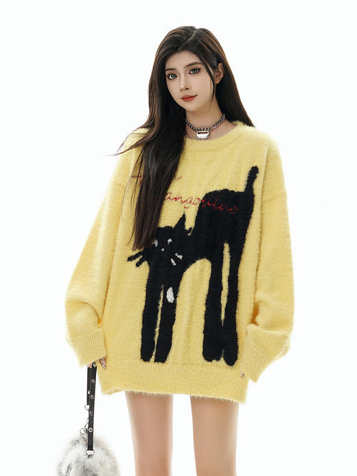 【服饰专场】韩版同款冬季猫咪毛衣休闲宽松套头中长款百搭男女上衣圆领针织衫 商品图5