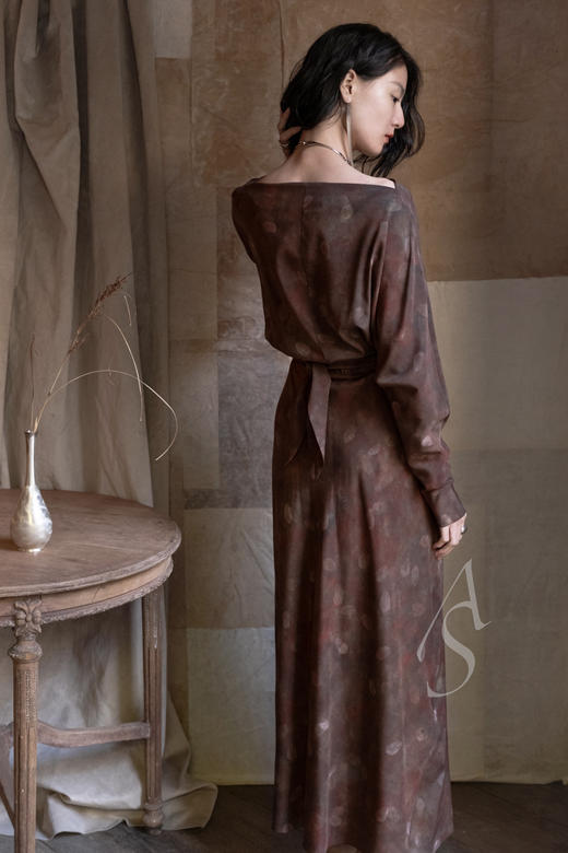 Cortana  棕红印花NOLITA垂褶真丝连衣裙 商品图1