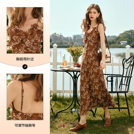 OLrain欧芮儿吊带连衣裙女早春2024年新款浪漫优雅印花收腰长裙 商品图3