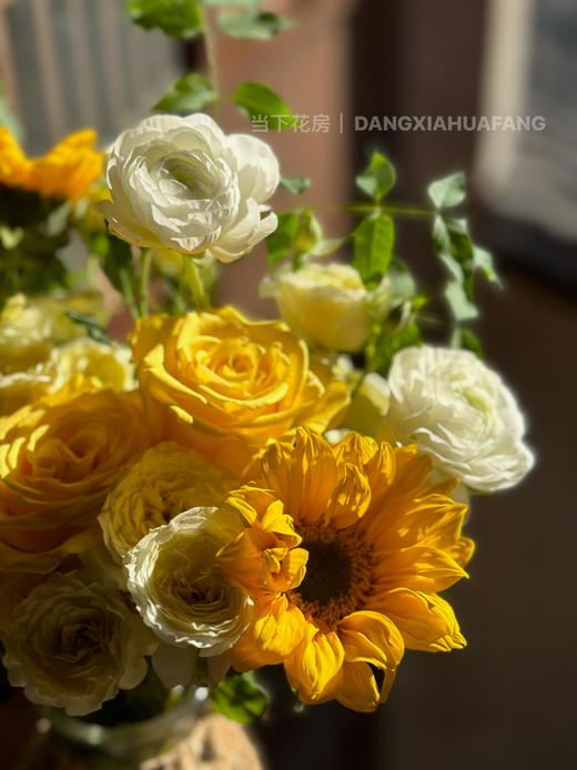 【想你时风起】金枝玉叶玫瑰3支黄色系多头玫瑰2支绿心迷你向日葵3支白色洋牡丹3支/份 商品图7