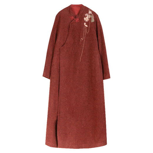 牧衣游原创 羊驼毛手绣毛呢长外套软糯绒面复古东方红色大衣 兰生 商品图4