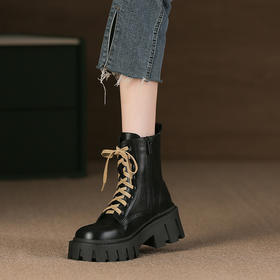 【女鞋专场】厚底真皮马丁靴女2022秋冬新款英伦风粗跟系带拉链机车靴黑色短靴
