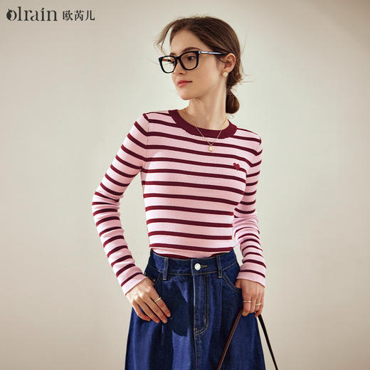 OLrain欧芮儿条纹针织衫女早春2024年新款美式复古宽松撞色毛衣 商品图0