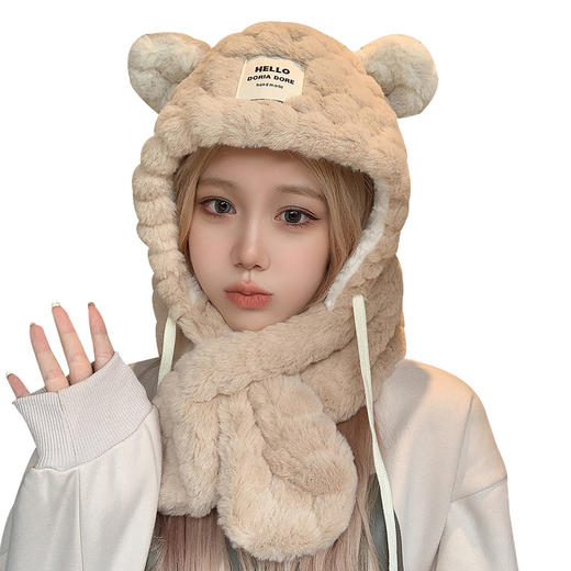 【不挑脸型！显脸小】韩版可爱小熊耳朵帽子围巾一体，冬季女毛绒帽保暖护耳骑行包头冷帽，毛绒柔软质地，轻盈舒适，保暖护耳 商品图4