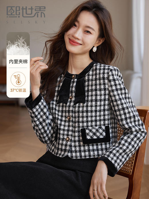 【年货节】熙世界法式优雅小香风外套女2025冬季新款格纹粗花呢蝴蝶结加厚短外套 商品图0