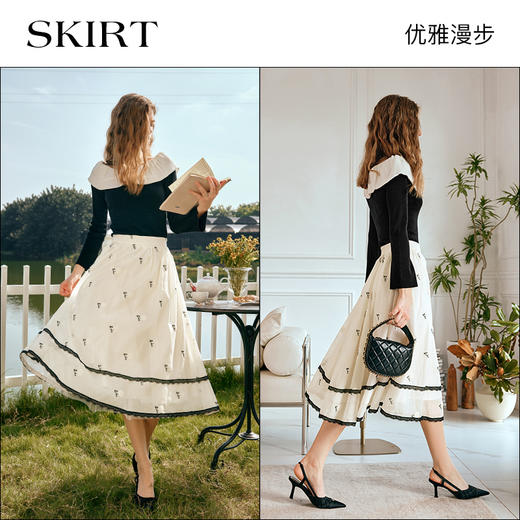 OLrain欧芮儿法式杏黄色半身裙女早春2024新款百搭刺绣中长伞裙 商品图4