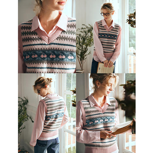 OLrain欧芮儿复古毛衣背心女早春2024年新款甜美多色提花针织马甲 商品图2