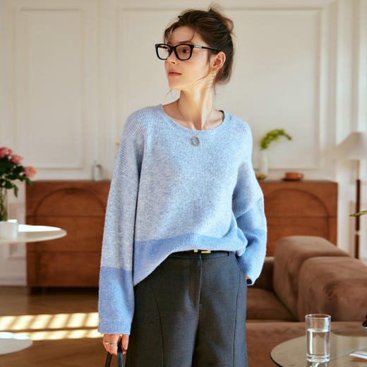 OLrain欧芮儿蓝色针织衫女秋冬2023年新款别致宽松慵懒风毛衣 商品图4