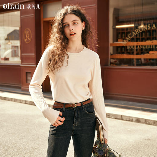 OLrain欧芮儿杏色针织衫女早春2024年新款时尚气质修身圆领打底衫 商品图0