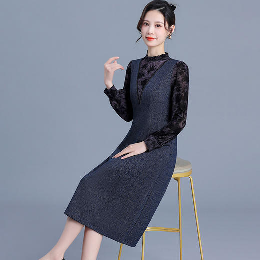 拼结假两件长袖裙，时尚中老年妈妈装牛仔蓝色厚款中长款连衣裙QYM-KED-H1573-Y 商品图1