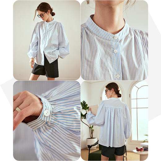 OLrain欧芮儿条纹衬衫女秋冬2023年新款宽松通勤别致抽褶立领上衣 商品图2