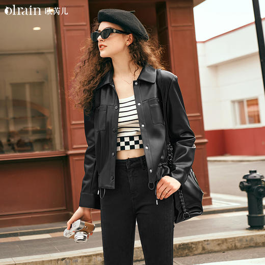 OLrain欧芮儿黑色短外套女早春2024年新款宽松复古高级感机车皮衣 商品图0