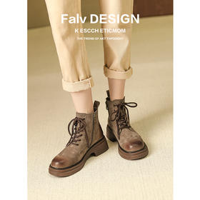 【女鞋专场】前系带真皮英伦风厚底马丁靴女2023年秋冬新款法式复古擦色短靴女