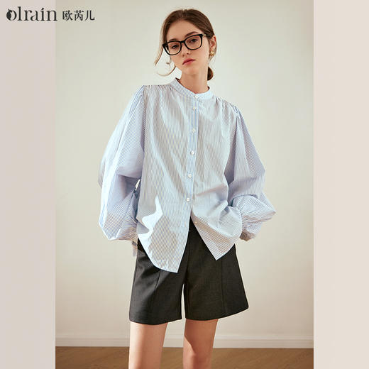 OLrain欧芮儿条纹衬衫女秋冬2023年新款宽松通勤别致抽褶立领上衣 商品图0