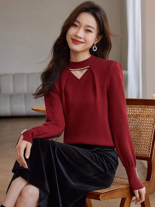 【年终特卖】熙世界钉珠半高领毛衣秋冬内搭本命年红色针织打底衫 商品图4