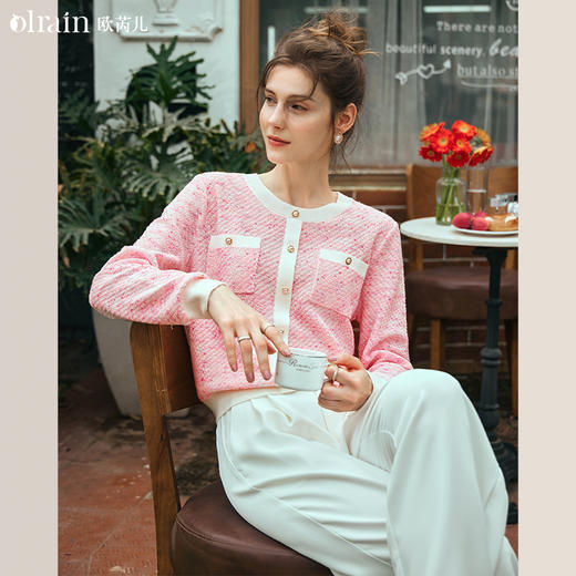 OLrain欧芮儿粉色小香风针织衫女早春2024年新款宽松别致套头毛衣 商品图0