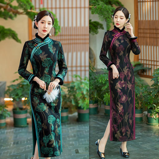 老上海复古民族风传统长款宽边旗袍冬新款珠光棉加绒加厚GX100888 商品图0