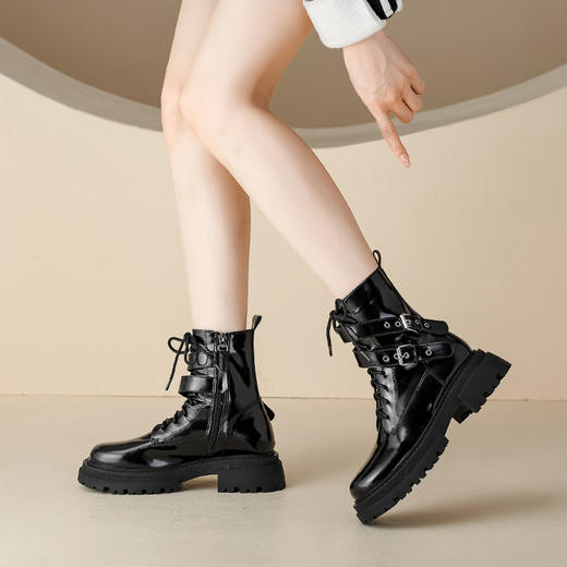 【女鞋专场】厚底漆皮马丁靴女款2023年新款秋冬英伦风真皮高级感粗跟短靴子女 商品图2