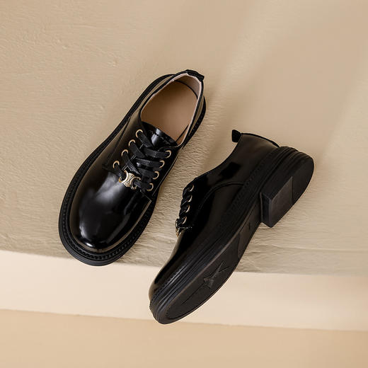 【女鞋专场】葡萄妈同款真皮厚底乐福鞋女2023年新款圆头粗跟系带英伦风小皮鞋 商品图5