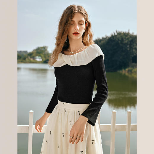 OLrain欧芮儿法式黑色针织衫女早春2024年新款一字领长袖打底衫 商品图1