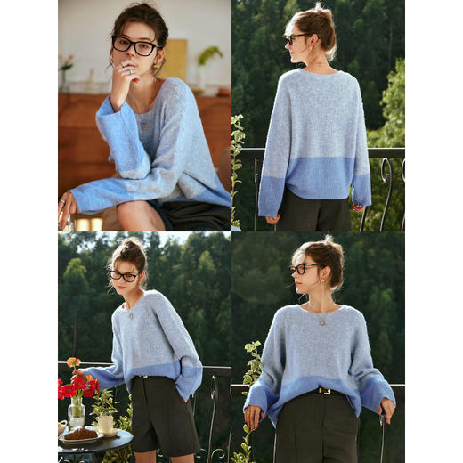 OLrain欧芮儿蓝色针织衫女秋冬2023年新款别致宽松慵懒风毛衣 商品图2