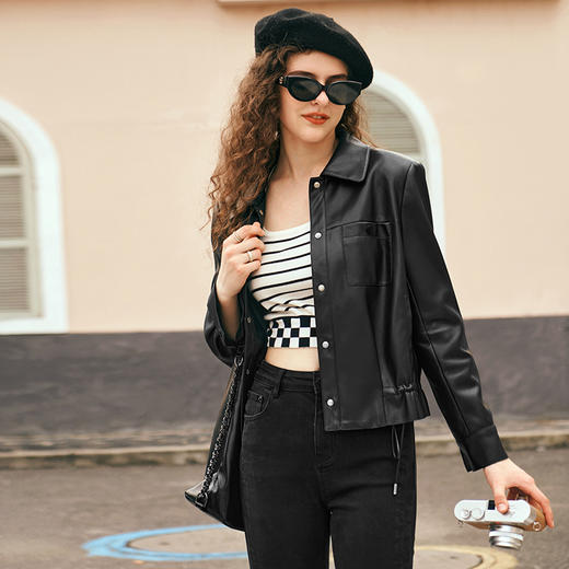 OLrain欧芮儿黑色短外套女早春2024年新款宽松复古高级感机车皮衣 商品图1