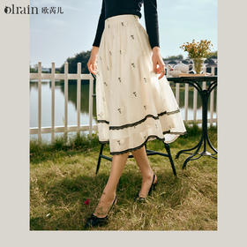 OLrain欧芮儿法式杏黄色半身裙女早春2024新款百搭刺绣中长伞裙