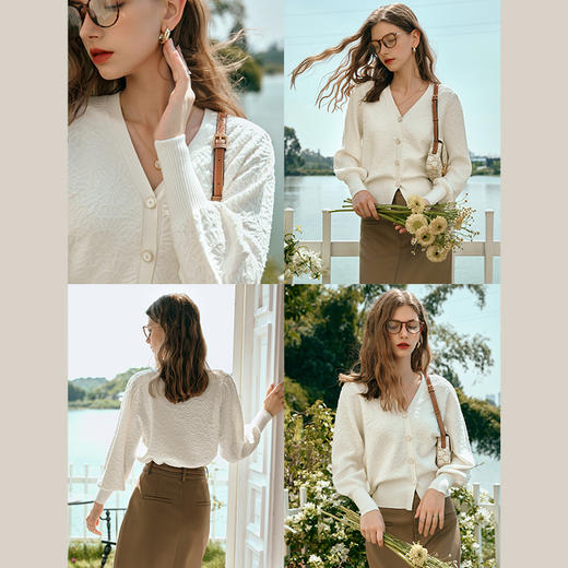 OLrain欧芮儿杏白色针织衫女早春2024年新款优雅暗纹提花开衫毛衣 商品图2