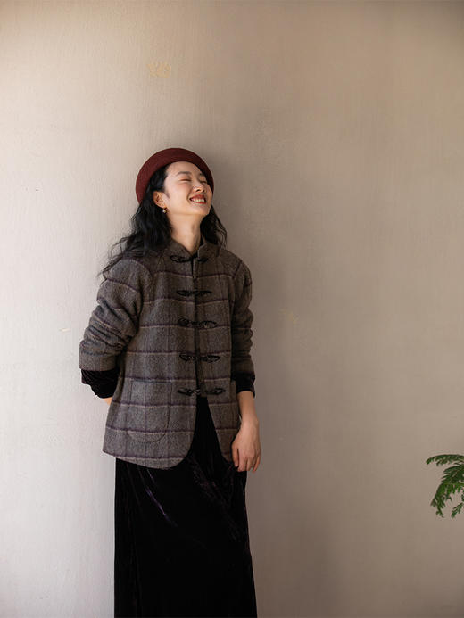 牧衣游原创 进口格纹羊毛呢混纺短外套复古新中式毛呢大衣 方长 商品图0