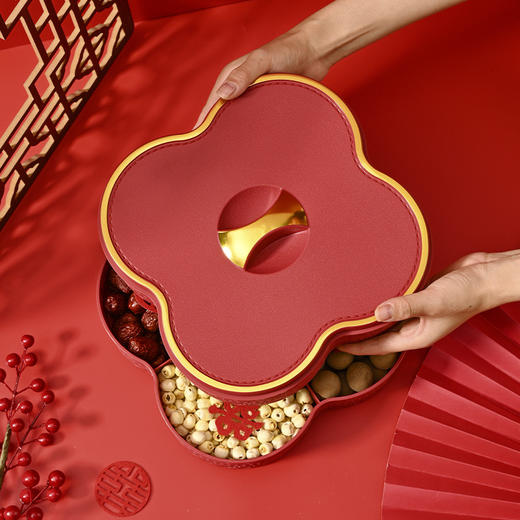 【喜庆的感觉，很有年味！】新款轻奢仿皮果盘,家用多层干果盒分格带盖,坚果糖果盒客厅零食盘,丰盈的多层带盖盛装着坚果糖果，宛如客厅的香甜风景 商品图2