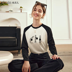 OLrain欧芮儿黑白撞色长袖T恤女早春2024新款宽松插肩刺绣套头衫