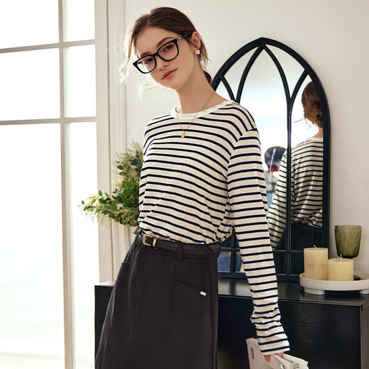 OLrain欧芮儿条纹T恤女秋冬2023年新款海军风宽松显瘦长袖打底衫 商品图1