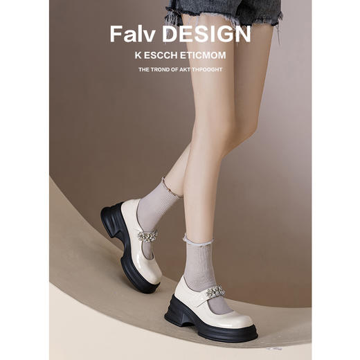 【女鞋专场】厚底真皮玛丽珍女鞋2023年夏季新款松糕底一字带水钻白色乐福鞋女 商品图0